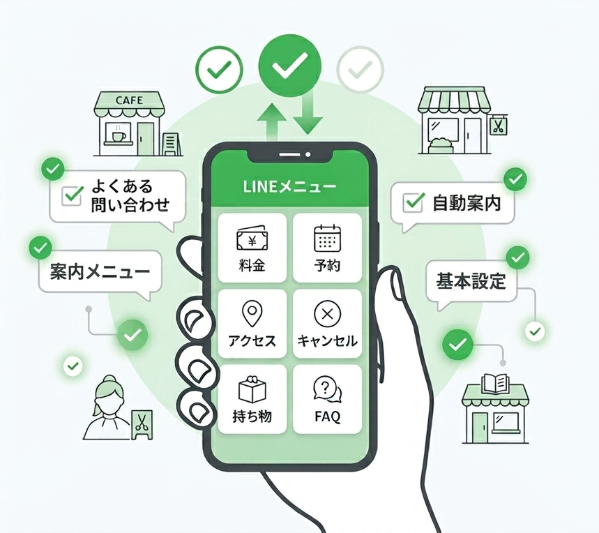 LINEのトーク画面で、料金・予約・アクセス・キャンセル・持ち物などよくある質問をメニューから案内しているイメージ